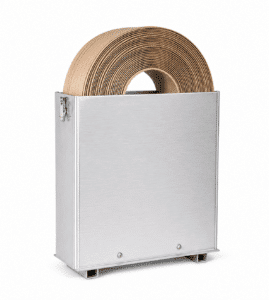 Level wound paper band in aluminum case for sustainable paper packaging and industrial banding applications